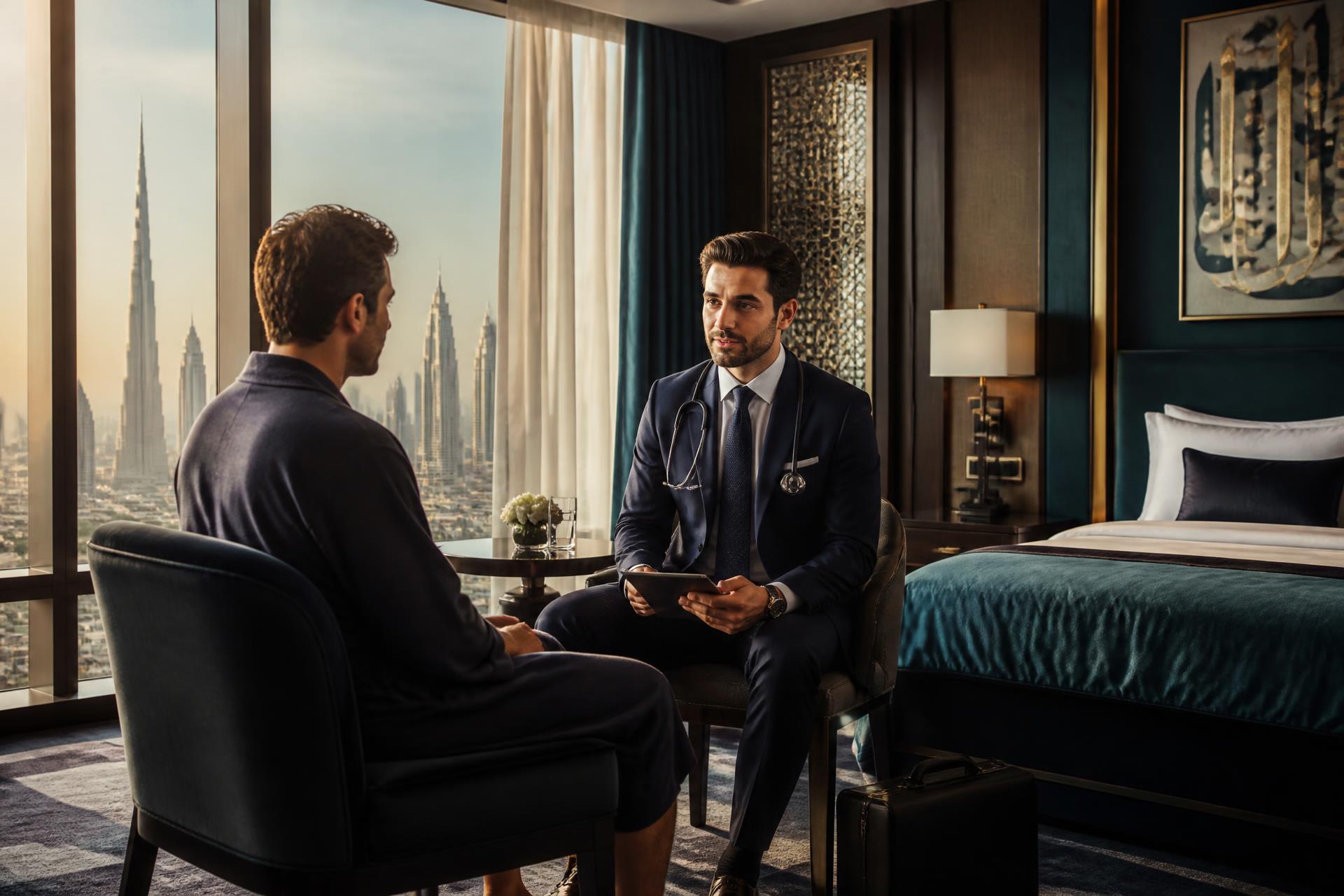 Physician attending a guest in a luxury Dubai hotel suite